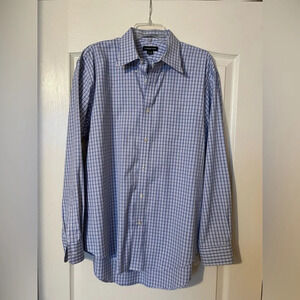 LANDS END LIGHT BLUE CHECK NO IRON PINPOINT OXFORD DRESS SHIRT 17-35